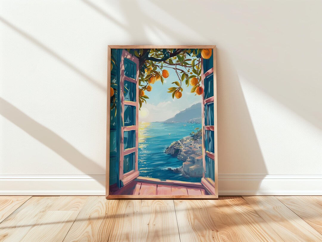 Mediterranean Window View Art Print, Coastal Orange Tree Wall Art, Sea ...