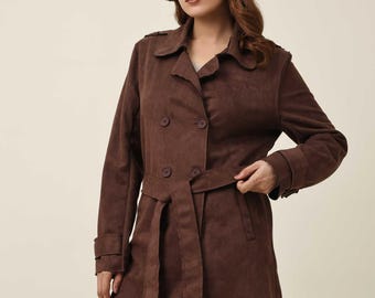 Women  Suede Leather 60s Vintage Brown Long Belted Retro Winter Outerwear Gift For Her
