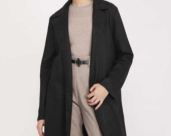Vintage zwarte suède leren trenchcoat - minimalistische lange jas dames