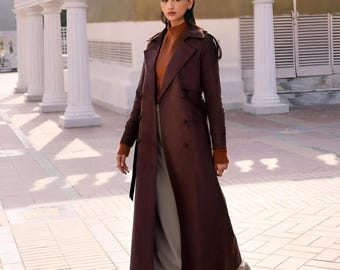 Vintage Brown Suede Trench Coat: Genuine Leather Overcoat