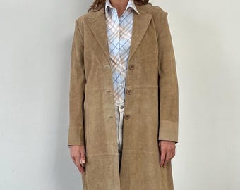 Vintage Women Real Suede Leather Coat Vintage Beige Long Minimalist Button Front Elegant Outerwear