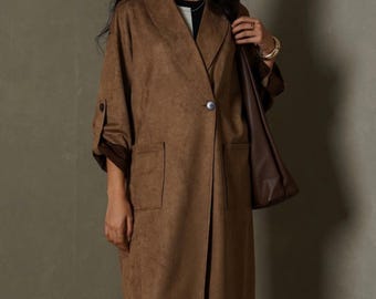Women Vintage Brown Genuine Suede Long Coat 70s Leather Outerwear - Gift For Her