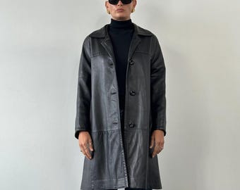 Vintage Women Black Leather Long Button Front Classic Coat | Gift For Her