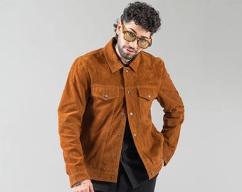 Handmade Goatskin Suede Trucker Jacket - Brown Bomber -  Western Style - Gift For Him