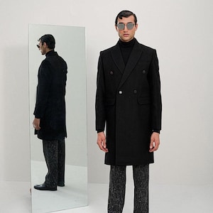Men&#39;s Black Wool Trench Coat: Double Breasted Formal Overcoat