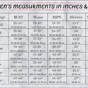 May include: A chart with women's measurements in inches and centimeters. The chart includes size ranges from XXSmall to 3XLarge, with bust, waist, hips, sleeve, and shoulder measurements in inches and centimeters.