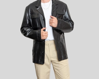 Men's Black Real Leather Blazer Jacket | Genuine Leather Button-Up | Timeless Classic Outerwear | Versatile Style | Gift for Him