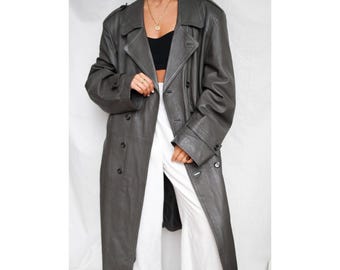 Vintage grijze leren trenchcoat: jaren 70 schapenvacht jas