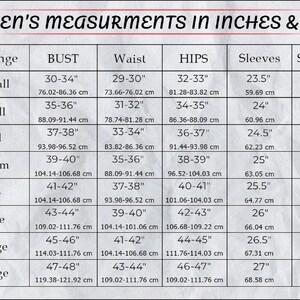 Puede incluir: Tabla de medidas para mujer en pulgadas y cent&iacute;metros. Muestra tallas de XXSmall a 3XLarge, con medidas de busto, cintura, cadera, manga y hombro en pulgadas y cent&iacute;metros.