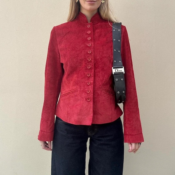 Vintage Red Suede Leather Jacket Women Tailored Button Front Fitted Minimalist Blazer Style