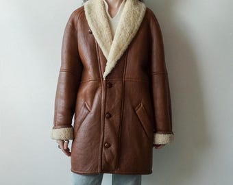 Womens Vintage 1980s Suede Shearling Coat: Penny Lane Boho Brown Winter Jacket