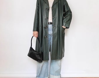 Vintage Dark Green Leather Coat | Women’s Long Leather Trench | 90s Minimalist Style | Genuine Leather Overcoat | Retro Streetwear Coat