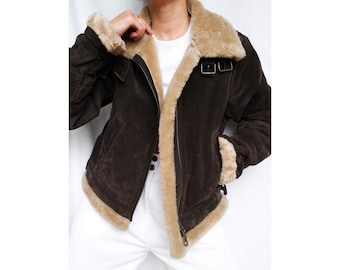 Women's 1970s Vintage Suede Shearling Jacket –  Real Sheepskin Aviator Coat