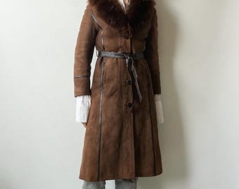 Women 1960s Vintage Brown Shearling Coat Long Suede Fur Collar Belted Sheepskin Winter Jacket