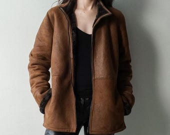 Women’s Vintage Brown Shearling Coat - 1990s Real Sheepskin Jacket Women - Gift For Her