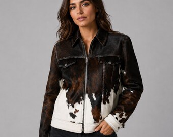 Chaqueta de piel de vaca para mujer, abrigo de cuero estilo western, chaqueta vaquera estilo camionero con pelo, estilo vintage.