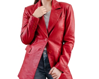 Handmade Red Leather Blazer: Women's Formal Trench Coat