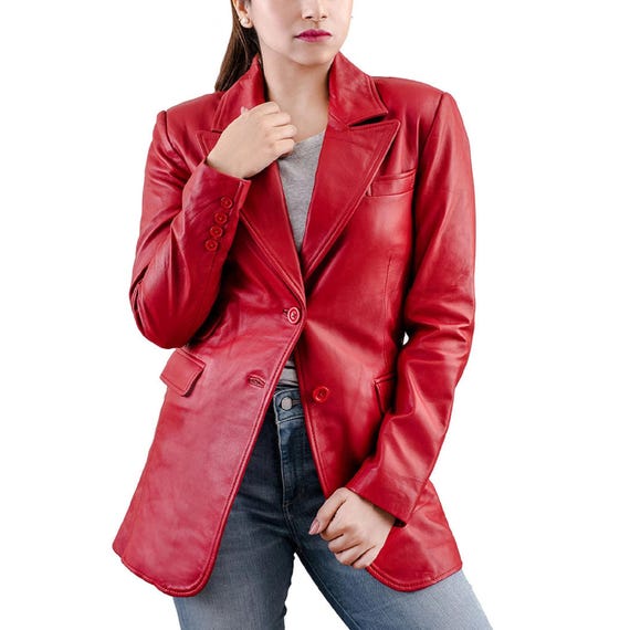 Handmade Red Leather Blazer: Women's Formal Trench Coat