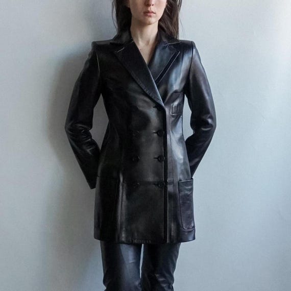 Vintage Black Leather Blazer: Women's Double Breasted Short Coat