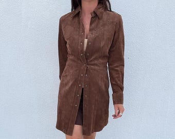 Vintage Brown Suede Coat - Handmade Button-Up Shirt Dress
