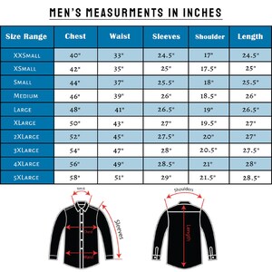 K&ouml;nnte beinhalten: Tabelle mit Hemdenma&szlig;en f&uuml;r Herren in Zoll. Gr&ouml;&szlig;en von XXSMALL bis 5XLARGE, mit Brust-, Taillen-, &Auml;rmel-, Schulter- und L&auml;ngenma&szlig;en. Diagramme zeigen, wo man an einem Hemd messen muss.