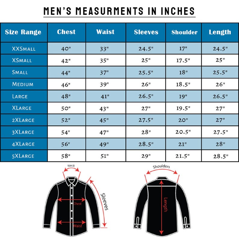K&ouml;nnte beinhalten: Tabelle mit Hemdenma&szlig;en f&uuml;r Herren in Zoll. Gr&ouml;&szlig;en von XXSMALL bis 5XLARGE, mit Brust-, Taillen-, &Auml;rmel-, Schulter- und L&auml;ngenma&szlig;en. Diagramme zeigen, wo man an einem Hemd messen muss.