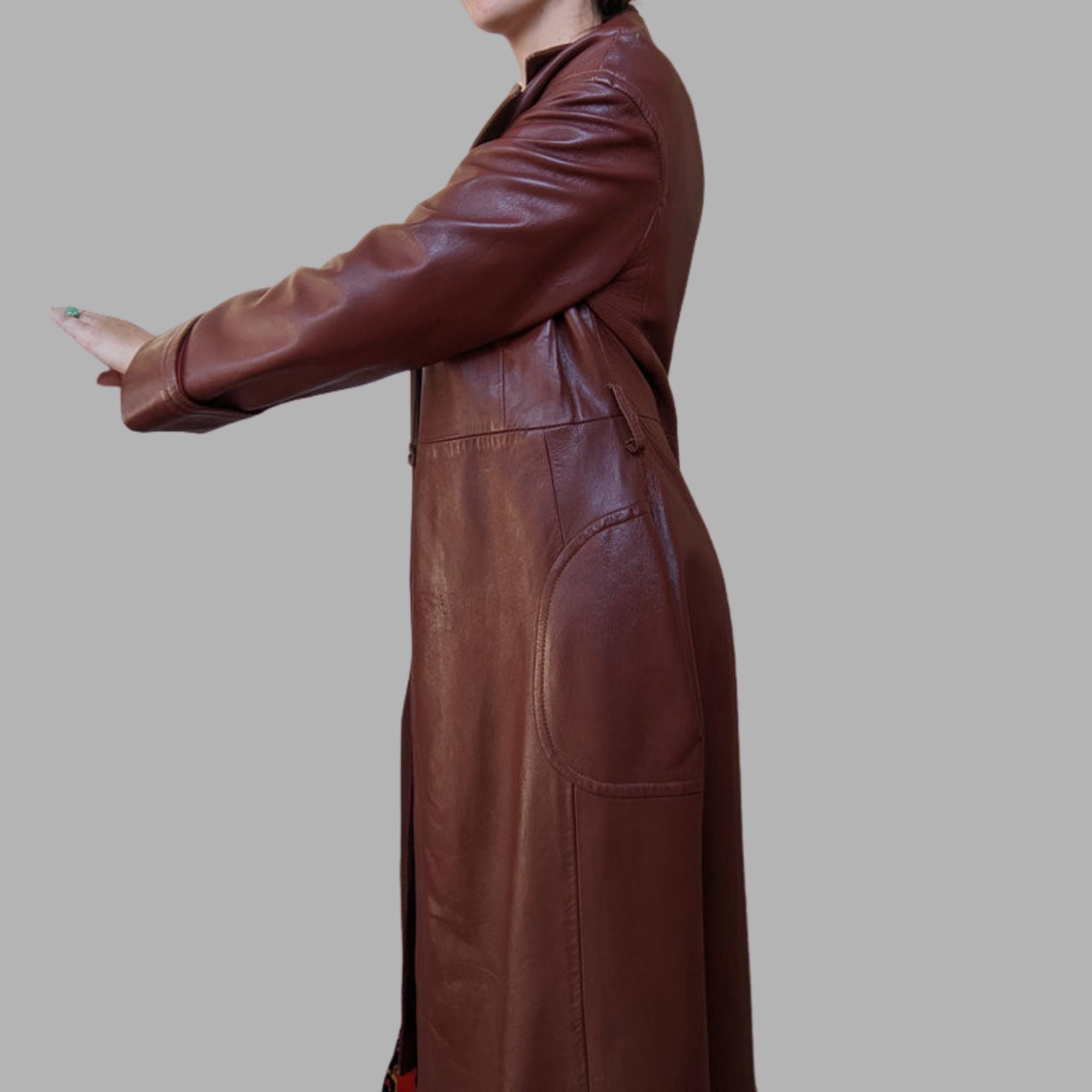 ハンドメイドのバーガンディレザートレンチコート：ヴィンテージダブル