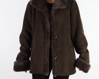 Vintage 1980s Suede Shearling Coat: Penny Lane Boho Winter Jacket
