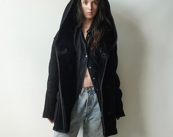 Women’s Vintage  Winter Shearling Coat - Black Fur Lined Hooded Coat - Gift For Her