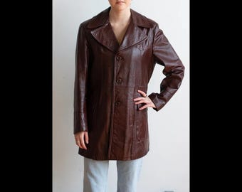 Women’s Brown Genuine Leather Coat – Mid-Length Button-Up Jacket