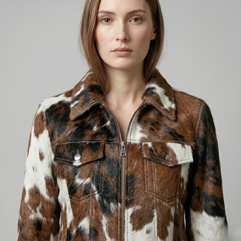 Puede incluir: Chaqueta de piel de vaca marr&oacute;n, negra y blanca con cierre de cremallera y dos bolsillos en el pecho. La chaqueta tiene un cuello cl&aacute;sico y un patr&oacute;n natural y texturizado. Es una prenda llamativa.