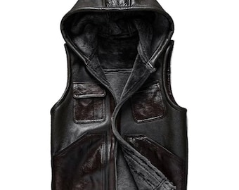 Handmade Black Leather Biker Vest: Hooded Men's Motorcycle Vest