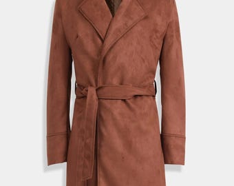Vintage Suede Leather Trench Coat: Minimalist Long Overcoat