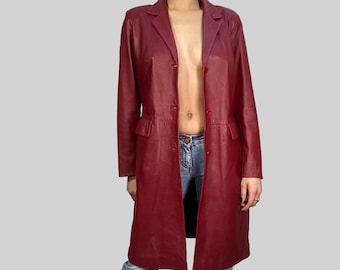 Vintage 70s Red Leather Trench Coat - Women's Genuine Leather Overcoat