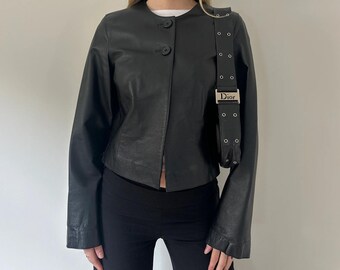 Womens Black Leather Jacket Minimalist Cropped Collarless Button Front Quiet Luxury Style