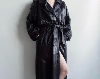Vintage 1970s Black Leather Trench Coat: Long Double Breasted Sheepskin