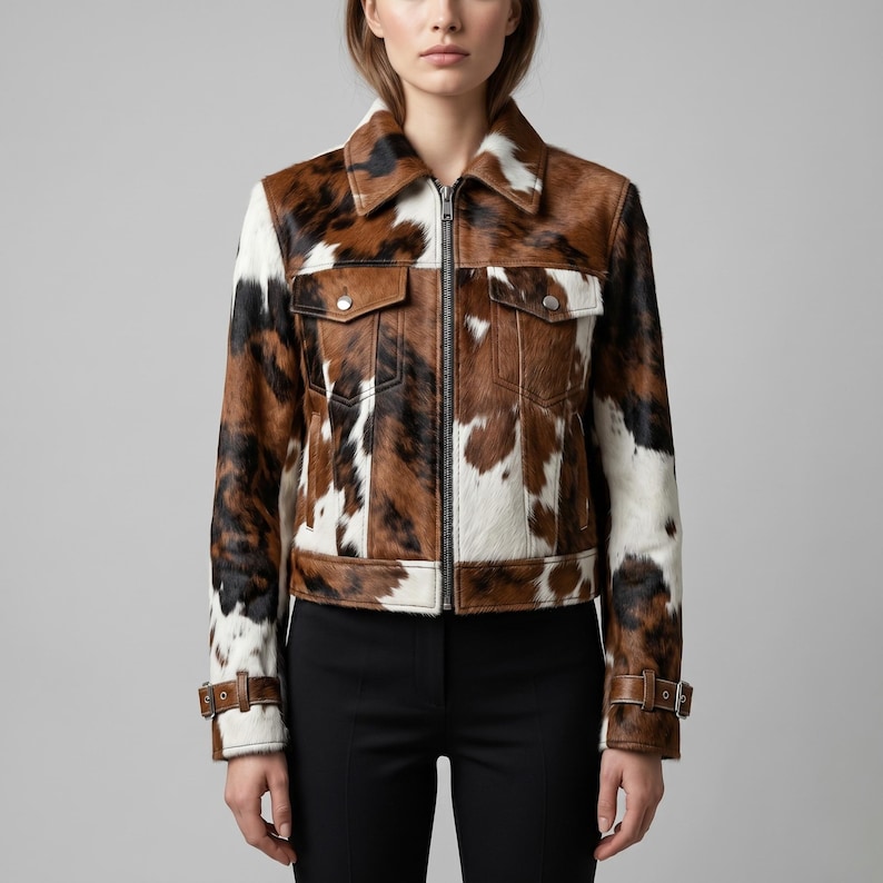 Puede incluir: Chaqueta corta de piel de vaca con un estampado de manchas marrones, negras y blancas. La chaqueta tiene cuello, dos bolsillos en el pecho y cremallera. Las mangas tienen pu&ntilde;os ajustables con hebillas. La chaqueta se lleva con pantalones negros.