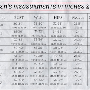 May include: A chart with women's measurements in inches and centimeters. The chart includes size ranges from XXSmall to 3XLarge, with bust, waist, hips, sleeve, and shoulder measurements in both inches and centimeters.