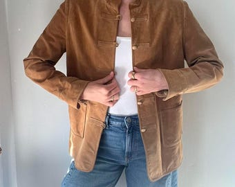 Women's Suede Leather Jacket - Vintage Brown Western Style Jacket - Real Suede Mandarin Collar Jacket - 1970s Jacket - Gift For Her