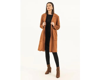 Vintage Suede Leather Trench Coat: Handmade Western Style