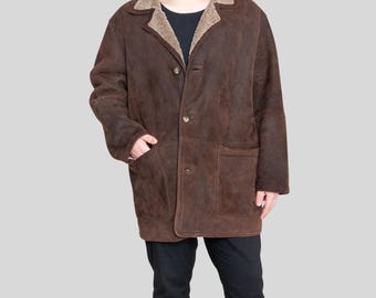 Men’s Dark Brown Shearling Coat | Real Suede Leather Jacket | Shearling Lined Coat | Winter Shearling Jacket | Handmade Suede Coat
