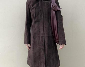 Vintage 1970s Dark Brown Suede Leather Trench Coat