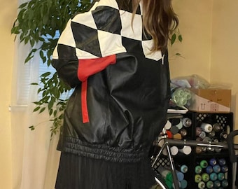 Vintage Black Leather Jacket Women 80s Biker Motorcycle Moto Jacket Colorful Leather Patches