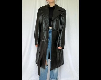 Women’s Black Genuine Leather Double-Breasted Trench Coat – Belted Long Jacket