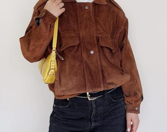 Women’s Vintage 80s Brown Suede Jacket – A2 Style Suede Leather Jacket - Real Suede Utility Button-Up Jacket - Gift For Her