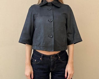 Short Sleeve Leather Shirt Jacket for Women - Cropped Black Leather Shacket - Genuine Sheepskin Leather Top - Boxy Vintage 90s Style Bolero