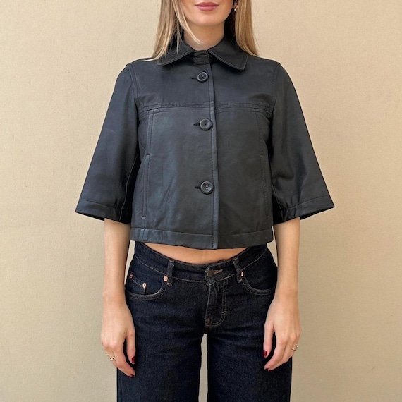 Short Sleeve Leather Shirt Jacket for Women - Cropped Black Leather Shacket - Genuine Sheepskin Leather Top - Boxy Vintage 90s Style Bolero