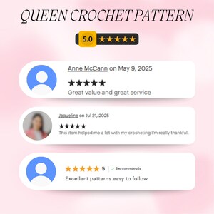 May include: Image features the text "QUEEN CROCHET PATTERN" at the top. Below are customer reviews with a 5-star rating. Reviews include comments like "Great value and great service" and "Excellent patterns easy to follow".