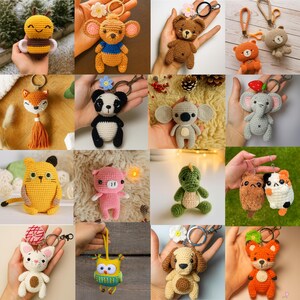 May include: A collection of handmade crochet animal keychains. The keychains include a bee, mouse, bear, fox, panda, koala, elephant, cat, pig, dinosaur, and dog. Each keychain is a unique, colorful, and detailed design.