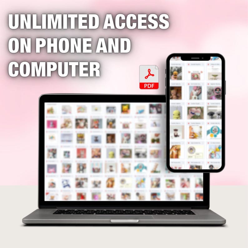 May include: A laptop and smartphone displaying a collection of images, with a PDF icon. The text at the top reads "UNLIMITED ACCESS ON PHONE AND COMPUTER". The background is a gradient of pink and white.